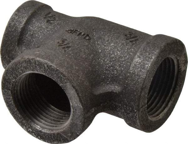 Made in USA - Size 3/4 x 1/2 x 3/4", Class 150, Malleable Iron Black Pipe Reducing Tee - 150 psi, Threaded End Connection - Apex Tool & Supply