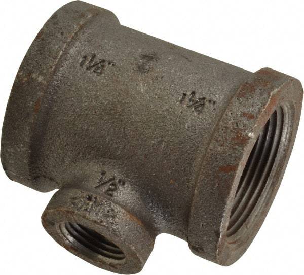 Made in USA - Size 1-1/4 x 1-1/4 x 1/2", Class 150, Malleable Iron Black Pipe Reducing Tee - 150 psi, Threaded End Connection - Apex Tool & Supply