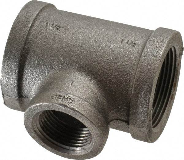 Made in USA - Size 1-1/2 x 1-1/2 x 1", Class 150, Malleable Iron Black Pipe Reducing Tee - 150 psi, Threaded End Connection - Apex Tool & Supply