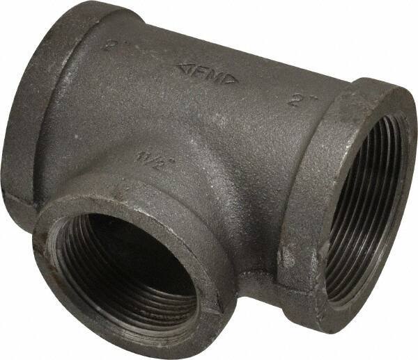 Made in USA - Size 2 x 2 x 1-1/2", Class 150, Malleable Iron Black Pipe Reducing Tee - 150 psi, Threaded End Connection - Apex Tool & Supply