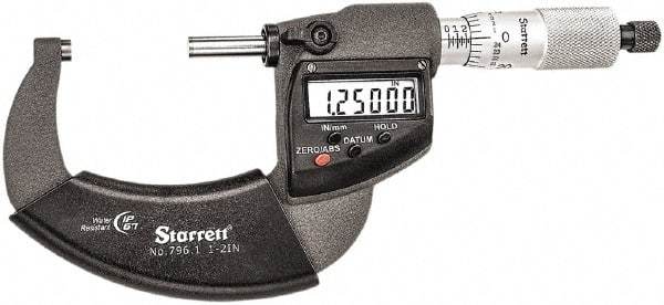 Starrett - 1 to 2" Range, Standard Throat IP67 Electronic Outside Micrometer - Ratchet Stop Thimble, Carbide Face, CR2032 Battery - Apex Tool & Supply