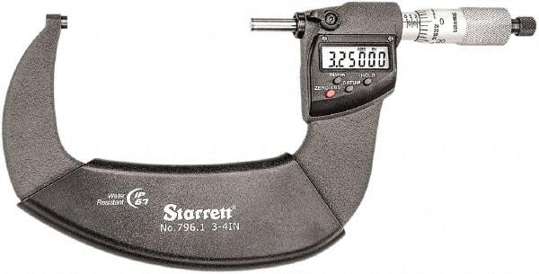 Starrett - Standard Throat IP67 Electronic Outside Micrometer - Ratchet Stop Thimble, Carbide Face, CR2032 Battery - Apex Tool & Supply