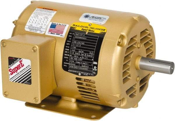 Baldor - 5 hp, ODP Enclosure, No Thermal Protection, 3,600 RPM, 208-230/460 Volt, 60 Hz, Three Phase Motor - Size 182T Frame, Foot Mount, 1 Speed, Ball Bearings, 6.0 Full Load Amps, F Class Insulation, Reversible - Apex Tool & Supply