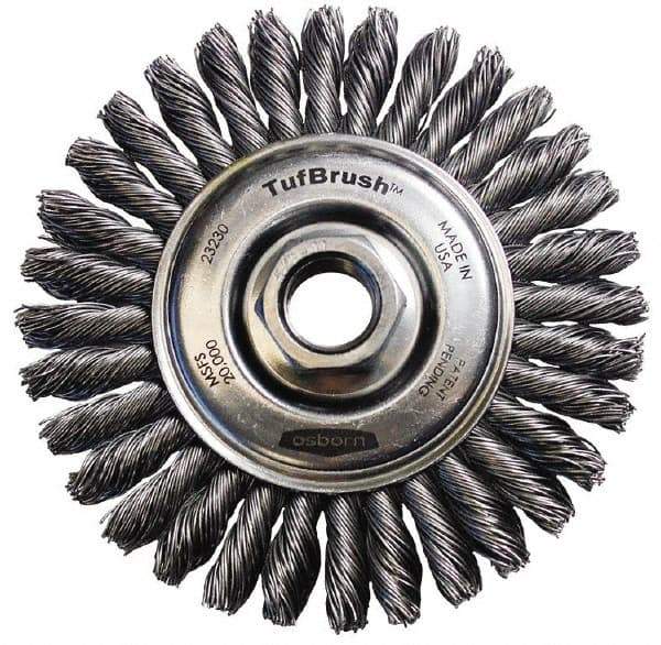 Osborn - 4-1/8" OD, 5/8-11 Arbor Hole, Stringer Bead Steel Wheel Brush - 3/16" Face Width, 7/8" Trim Length, 0.02" Filament Diam, 20,000 RPM - Apex Tool & Supply