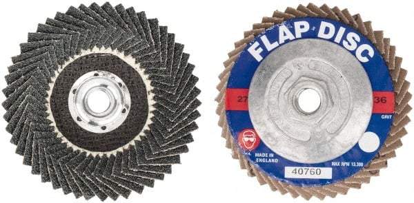 Garryson - 36 Grit, 4-1/2" Disc Diam, 5/8-11 Center Hole, Zirconia Alumina Flap Disc - 13,300 Max RPM, Fiberglass Backing, Arbor Attaching System, Coated - Apex Tool & Supply