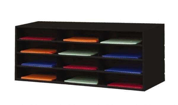 Durham - 38" Wide x 18" High x 16" Deep Steel Literature Holder - 12 Compartments, Black, 11" Wide x 3" High x 11-5/8" Deep Compartment - Apex Tool & Supply