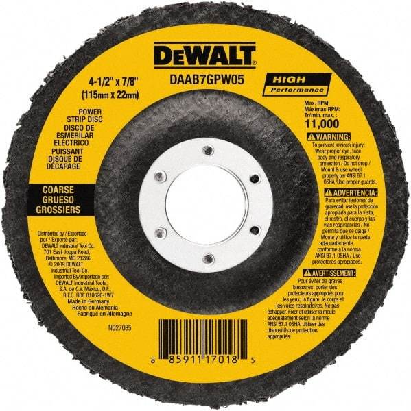 DeWALT - 100 Grit, 4-1/2" Disc Diam, 7/8" Center Hole, Type 27 Aluminum Oxide Flap Disc - 13,300 Max RPM, Fiberglass Backing, Arbor Attaching System, Non-Woven - Apex Tool & Supply