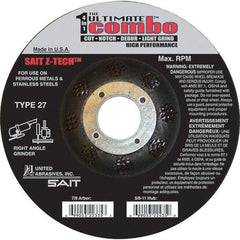 Sait - 5" Wheel Diam, 7/8" Arbor Hole, Type 27 Depressed Center Wheel - Extra Coarse Grade, Zirconia Alumina, S Hardness, 12,200 Max RPM - Apex Tool & Supply