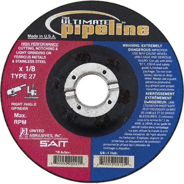 Sait - 9" Wheel Diam, 1/8" Wheel Thickness, 7/8" Arbor Hole, Type 27 Depressed Center Wheel - Extra Coarse Grade, Zirconia Alumina, T Hardness, 6,600 Max RPM - Apex Tool & Supply