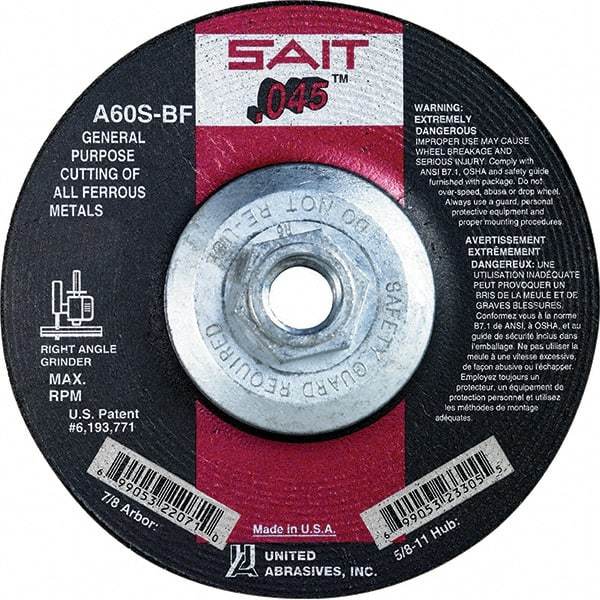 Sait - 60 Grit, 4-1/2" Wheel Diam, Type 27 Depressed Center Wheel - Extra Coarse Grade, Aluminum Oxide, S Hardness, 13,300 Max RPM - Apex Tool & Supply