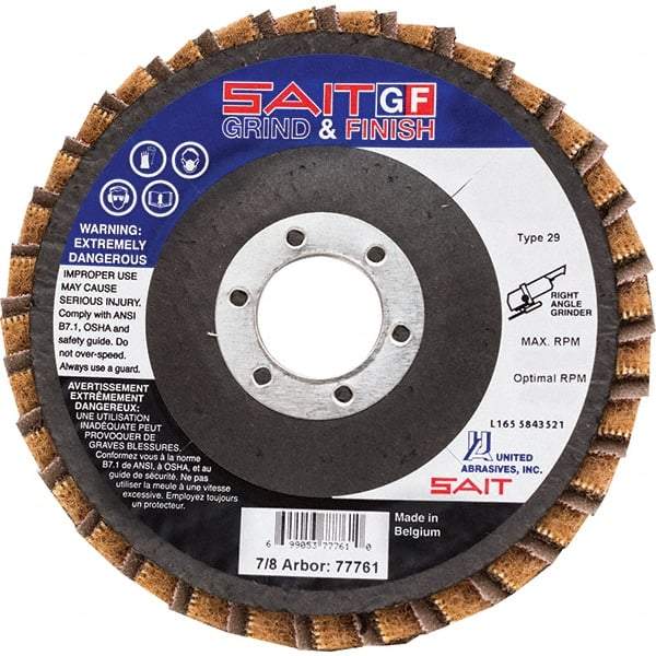 Sait - 40 Grit, 4-1/2" Disc Diam, 7/8" Center Hole, Type 29 Ceramic Flap Disc - 13,300 Max RPM, Fiberglass Backing, Arbor Attaching System, Coated & Non-Woven Combo - Apex Tool & Supply