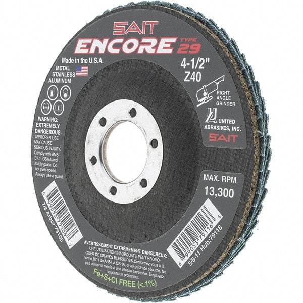 Sait - 40 Grit, 4-1/2" Disc Diam, 7/8" Center Hole, Type 29 Zirconia Alumina Flap Disc - 13,300 Max RPM, Fiberglass Backing, Arbor Attaching System, Coated - Apex Tool & Supply