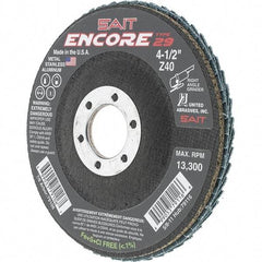 Sait - 40 Grit, 4-1/2" Disc Diam, 7/8" Center Hole, Type 29 Zirconia Alumina Flap Disc - 13,300 Max RPM, Fiberglass Backing, Arbor Attaching System, Coated - Apex Tool & Supply