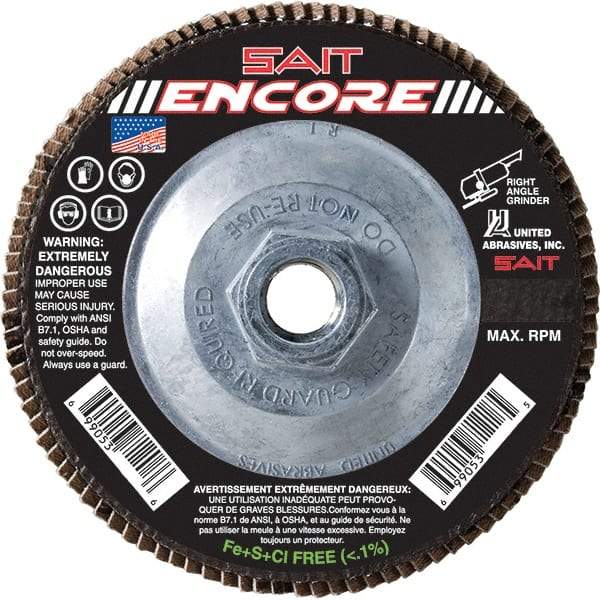 Sait - 36 Grit, 5" Disc Diam, 5/8-11 Center Hole, Type 27 Zirconia Alumina Flap Disc - 12,200 Max RPM, Fiberglass Backing, Arbor Attaching System, Coated - Apex Tool & Supply