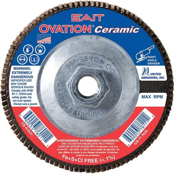 Sait - 40 Grit, 5" Disc Diam, 5/8-11 Center Hole, Type 27 Ceramic Flap Disc - 12,200 Max RPM, Fiberglass Backing, Arbor Attaching System, Coated - Apex Tool & Supply