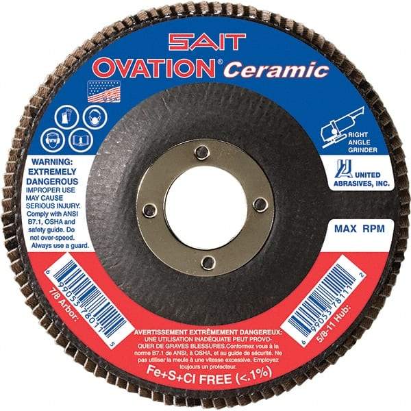 Sait - 80 Grit, 5" Disc Diam, 7/8" Center Hole, Type 27 Ceramic Flap Disc - 12,200 Max RPM, Fiberglass Backing, Arbor Attaching System, Coated - Apex Tool & Supply