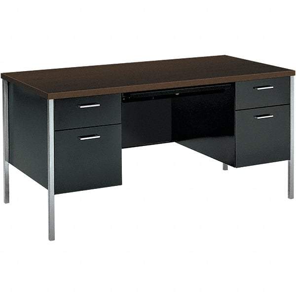 Hon - Woodgrain Laminate Double Pedestal Desk with Center Drawer - 60" Wide x 30" Deep x 29-1/2" High, Mocha/Black - Apex Tool & Supply