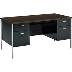Hon - Woodgrain Laminate Double Pedestal Desk with Center Drawer - 60" Wide x 30" Deep x 29-1/2" High, Mocha/Black - Apex Tool & Supply