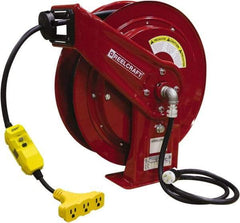 Reelcraft - 12 AWG, 75' Cable Length, Cord & Cable Reel with Triple-Tap with GFCI End - 3 Outlets, NEMA 5-15R, 15 Amps, 125 Volts, SEOOW Cable, Red Reel, Spring Driven Reel - Apex Tool & Supply