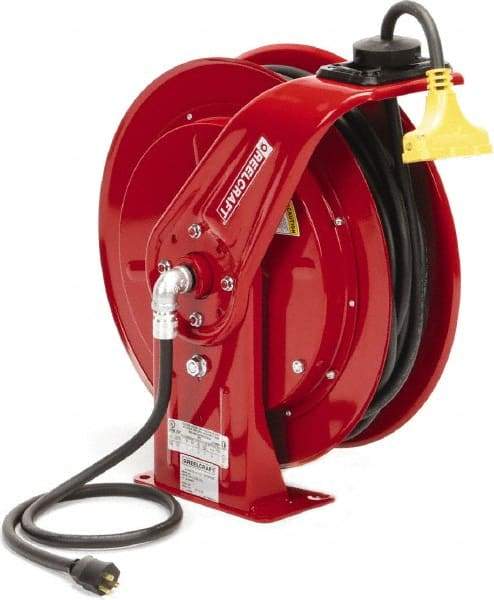 Reelcraft - 12 AWG, 100' Cable Length, Cord & Cable Reel with Triple-Tap Outlet End - 3 Outlets, NEMA 5-15R, 15 Amps, 125 Volts, SEOOW Cable, Red Reel, Spring Driven Reel - Apex Tool & Supply