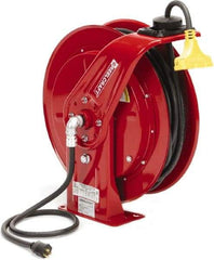 Reelcraft - 12 AWG, 100' Cable Length, Cord & Cable Reel with Triple-Tap Outlet End - 3 Outlets, NEMA 5-15R, 15 Amps, 125 Volts, SEOOW Cable, Red Reel, Spring Driven Reel - Apex Tool & Supply