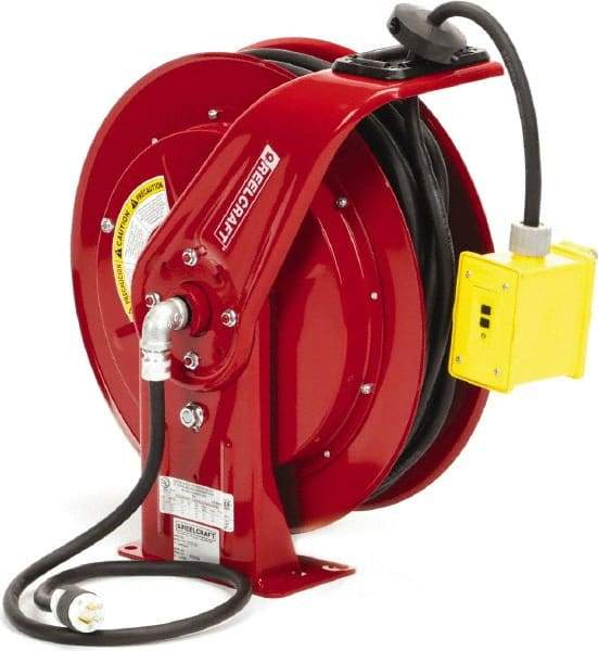 Reelcraft - 12 AWG, 100' Cable Length, Cord & Cable Reel with Duplex GFCI Outlet Box End - 2 Outlets, NEMA 5-20R, 20 Amps, 125 Volts, SEOOW Cable, Red Reel, Spring Driven Reel - Apex Tool & Supply