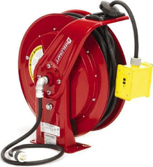 Reelcraft - 12 AWG, 100' Cable Length, Cord & Cable Reel with Duplex GFCI Outlet Box End - 2 Outlets, NEMA 5-20R, 20 Amps, 125 Volts, SEOOW Cable, Red Reel, Spring Driven Reel - Apex Tool & Supply