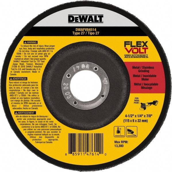 DeWALT - 4-1/2" Wheel Diam, 1/4" Wheel Thickness, 7/8" Arbor Hole, Type 27 Depressed Center Wheel - Fine/Coarse Grade, Ceramic, 13,300 Max RPM - Apex Tool & Supply