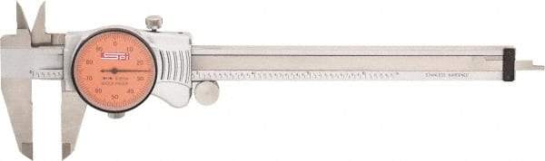SPI - 0" to 6" Range, 0.001" Graduation, 0.1" per Revolution, Dial Caliper - Orange Face, 1.57" Jaw Length, Accurate to 0.0010" - Apex Tool & Supply