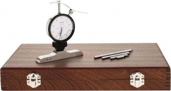 SPI - 0 to 4" Range, Steel, White Dial Depth Gage - 0.001" Graduation, 0.002" Accuracy, 4" Base Measuring Length - Apex Tool & Supply
