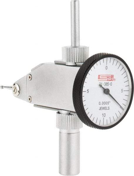 SPI - 0.02" Range, 0.0005" Dial Graduation, Vertical Dial Test Indicator - 1-1/4" White Dial, 0-10-0 Dial Reading, Accurate to 0.0005" - Apex Tool & Supply