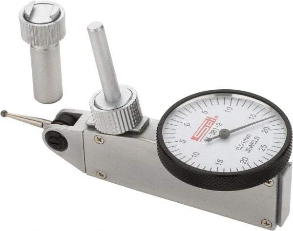 SPI - 0.5mm Range, 0.01mm Dial Graduation, Horizontal Dial Test Indicator - 32mm White Dial, 0-25-0 Dial Reading, Accurate to 0.013mm - Apex Tool & Supply