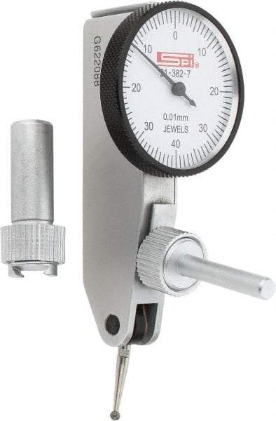 SPI - 0.8mm Range, 0.01mm Dial Graduation, Horizontal Dial Test Indicator - 32mm White Dial, 0-40-0 Dial Reading, Accurate to 0.013mm - Apex Tool & Supply