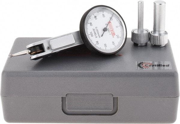 SPI - 0.2mm Range, 0.002mm Dial Graduation, Horizontal Dial Test Indicator - 32mm White Dial, 0-100-0 Dial Reading, Accurate to 0.004mm - Apex Tool & Supply