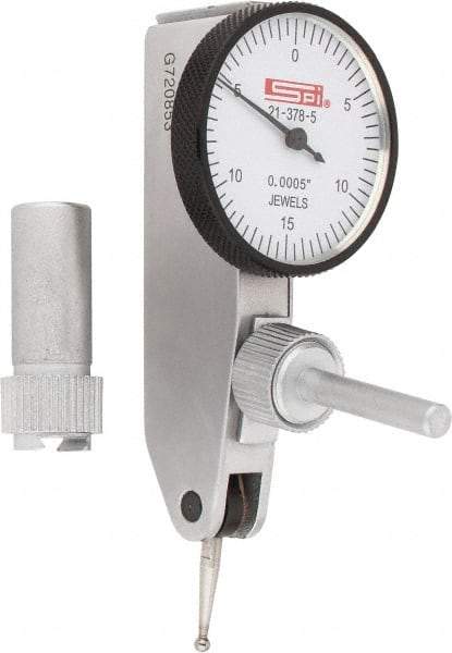 SPI - 0.03" Range, 0.0005" Dial Graduation, Horizontal Dial Test Indicator - 1-1/4" White Dial, 0-15-0 Dial Reading, Accurate to 0.0005" - Apex Tool & Supply