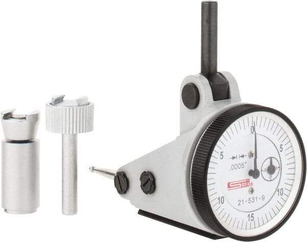 SPI - 0.06" Range, 0.0005" Dial Graduation, Vertical Dial Test Indicator - 1-3/16" White Dial, 0-15-0 Dial Reading, Accurate to 0.0012" - Apex Tool & Supply