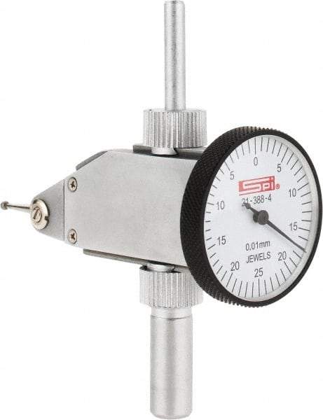 SPI - 0.5mm Range, 0.01mm Dial Graduation, Vertical Dial Test Indicator - 32mm White Dial, 0-25-0 Dial Reading, Accurate to 0.013mm - Apex Tool & Supply