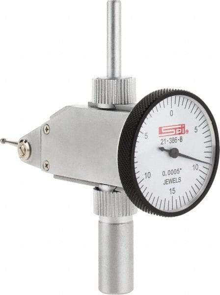 SPI - 0.03" Range, 0.0005" Dial Graduation, Vertical Dial Test Indicator - 1-1/4" White Dial, 0-15-0 Dial Reading, Accurate to 0.0005" - Apex Tool & Supply
