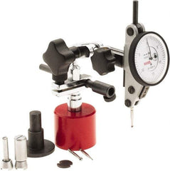 SPI - 9 Piece, 0" to 0.06" Measuring Range, 1-1/2" Dial Diam, 0-15-0 Dial Reading, White Dial Test Indicator Kit - 0.0012" Accuracy, 0.86" Contact Point Length, 0.079" Ball Diam, 0.0005" Dial Graduation - Apex Tool & Supply