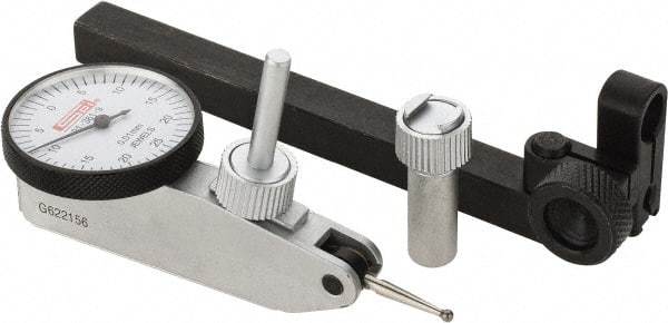 SPI - 8 Piece, 0mm to 0.5mm Measuring Range, 32mm Dial Diam, 0-25-0 Dial Reading, White Dial Test Indicator Kit - 0.013mm Accuracy, 17.3mm Contact Point Length, 2mm Ball Diam, 0.01mm Dial Graduation - Apex Tool & Supply