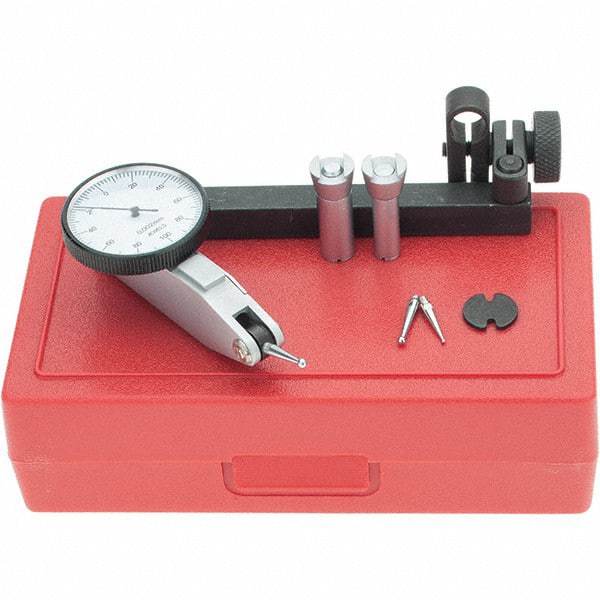 SPI - 8 Piece, 0mm to 0.2mm Measuring Range, 32mm Dial Diam, 0-100-0 Dial Reading, White Dial Test Indicator Kit - 0.04mm Accuracy, 16.2mm Contact Point Length, 2mm Ball Diam, 0.002mm Dial Graduation - Apex Tool & Supply