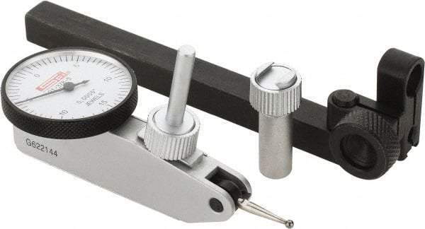 SPI - 8 Piece, 0" to 0.03" Measuring Range, 1-1/4" Dial Diam, 0-15-0 Dial Reading, White Dial Test Indicator Kit - 0.0005" Accuracy, 0.64" Contact Point Length, 0.079" Ball Diam, 0.0005" Dial Graduation - Apex Tool & Supply