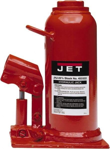 Jet - 22.5 Ton Capacity Hydraulic Bottle Jack - 10.63" to 16-7/8" High, 1-1/2" Screw Length, 7-1/8" Long x 5-1/2" Wide Base - Apex Tool & Supply