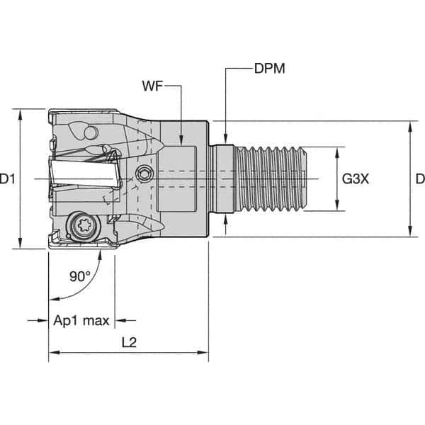Kennametal - 35mm Cut Diam, 15.5mm Max Depth of Cut, 1.142" Shank Diam, 64mm OAL, Indexable Square Shoulder End Mill - LNGU15T608SRGE Inserts, M16 Modular Connection, 0° Lead Angle, Through Coolant, Series MILL 4-15 - Apex Tool & Supply