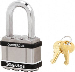 Master Lock - 1-1/2" Shackle Clearance, Keyed Alike Padlock - 3/8" Shackle Diam, Laminated Steel - Apex Tool & Supply