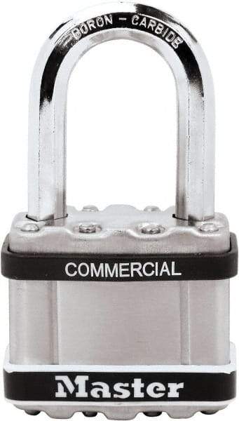 Master Lock - 2-1/2" Shackle Clearance, Keyed Different Padlock - 3/8" Shackle Diam, Laminated Steel - Apex Tool & Supply