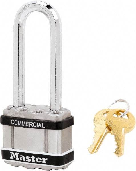 Master Lock - 2-1/2" Shackle Clearance, Keyed Different Padlock - 5/16" Shackle Diam, Laminated Steel - Apex Tool & Supply