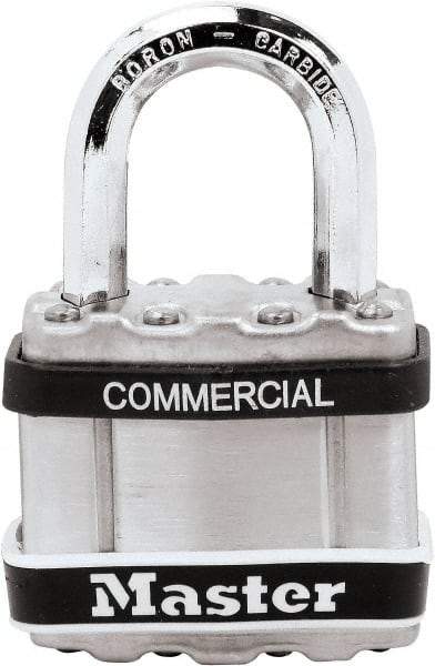 Master Lock - 1" Shackle Clearance, Keyed Different Padlock - 5/16" Shackle Diam, Laminated Steel - Apex Tool & Supply