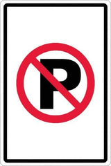 NMC - "No Parking Anytime", "Strike on P", 12" Wide x 18" High, Aluminum No Parking & Tow Away Signs - 0.063" Thick, Red & Black on White, Rectangle, Post Mount - Apex Tool & Supply