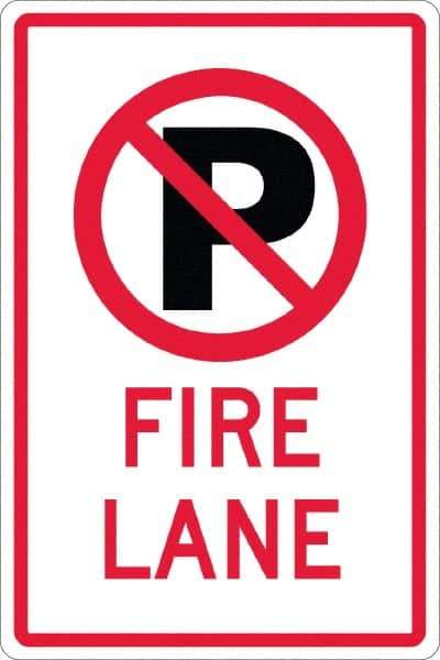 NMC - "Fire Lane", "Strike on P", 12" Wide x 18" High, Aluminum No Parking & Tow Away Signs - 0.08" Thick, Red & Black on White, High Intensity Reflectivity, Rectangle, Post Mount - Apex Tool & Supply